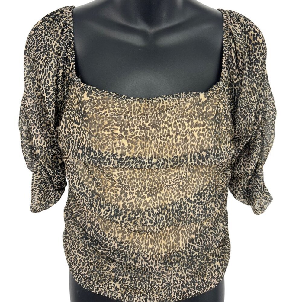 Anthropologie Top Blouse Medium Animal Square Neck Puff Short Sleeve Ruched New
